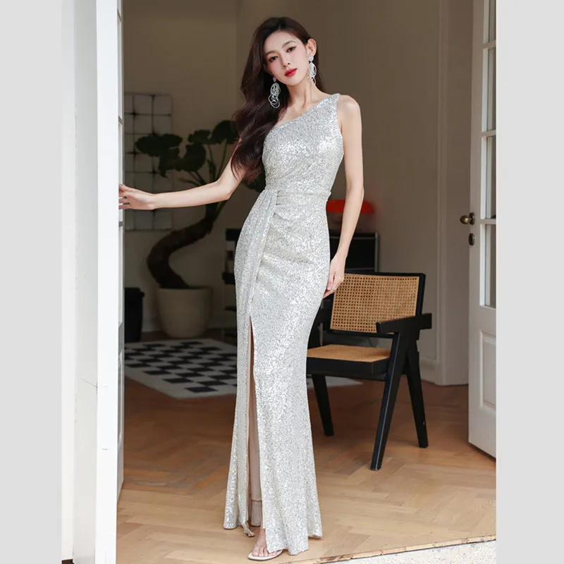 DSP Eleagnt Mermaid One Shoulder Sequins Prom Dresses for Women Long Slit Formal Party Maxi Dress