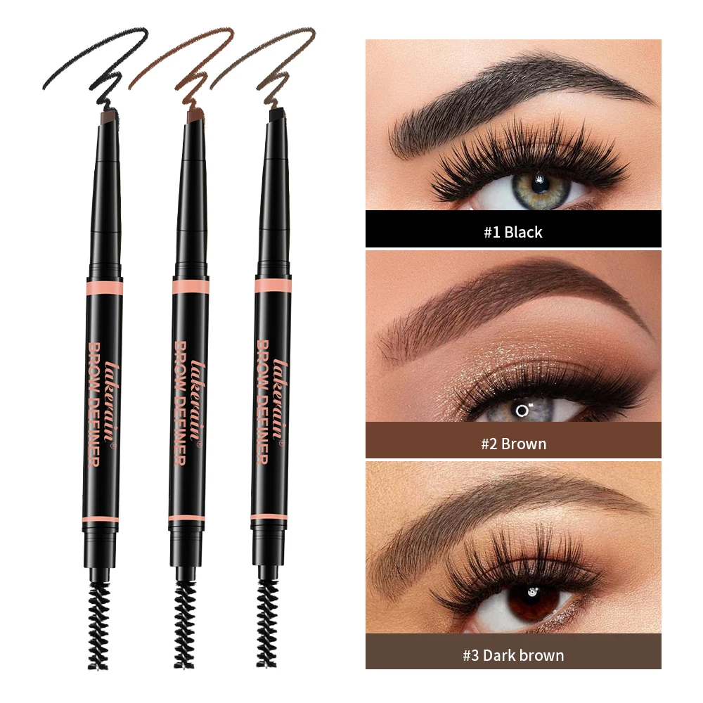 قلم حواجب مقاوم للماء 2 في 1 DoHead يدوم طويلاً بني على شكل مثلث طرف قلم حواجب 3 ألوان قلم بني مكياج