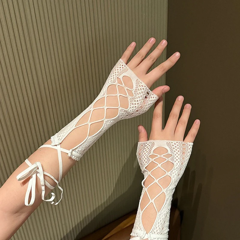 اليوبيل سنة Y2K هوتي خمر الدانتيل عبر التعادل الأصفاد النساء رقيقة ومثير الجوف خارج تصميم المخفي قفازات عبر حزام قفازات #5