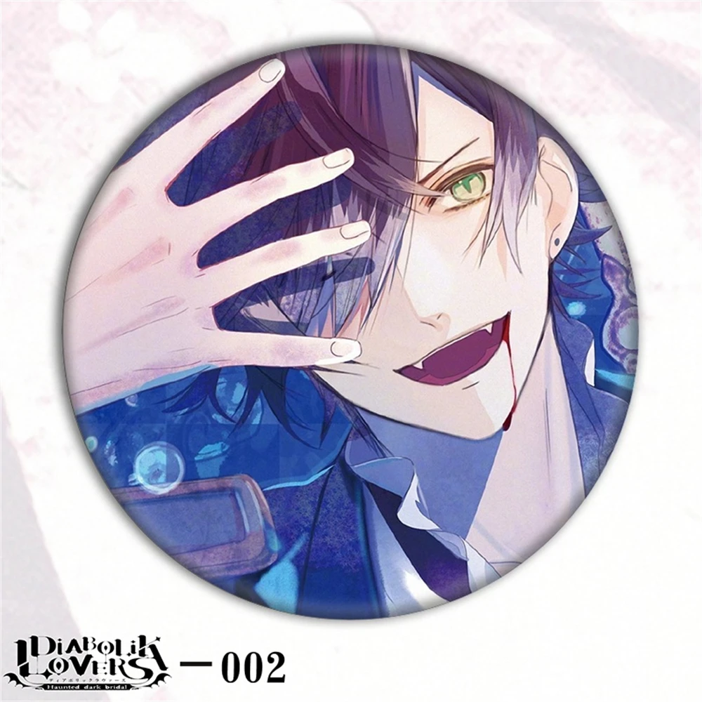 58mm Anime DIABOLIK LOVERS 고모리 유이 사카마키 레이지 코스프레 의상 배지 핀 SPTE Tinplate Brooch ﻿   프롭 길프