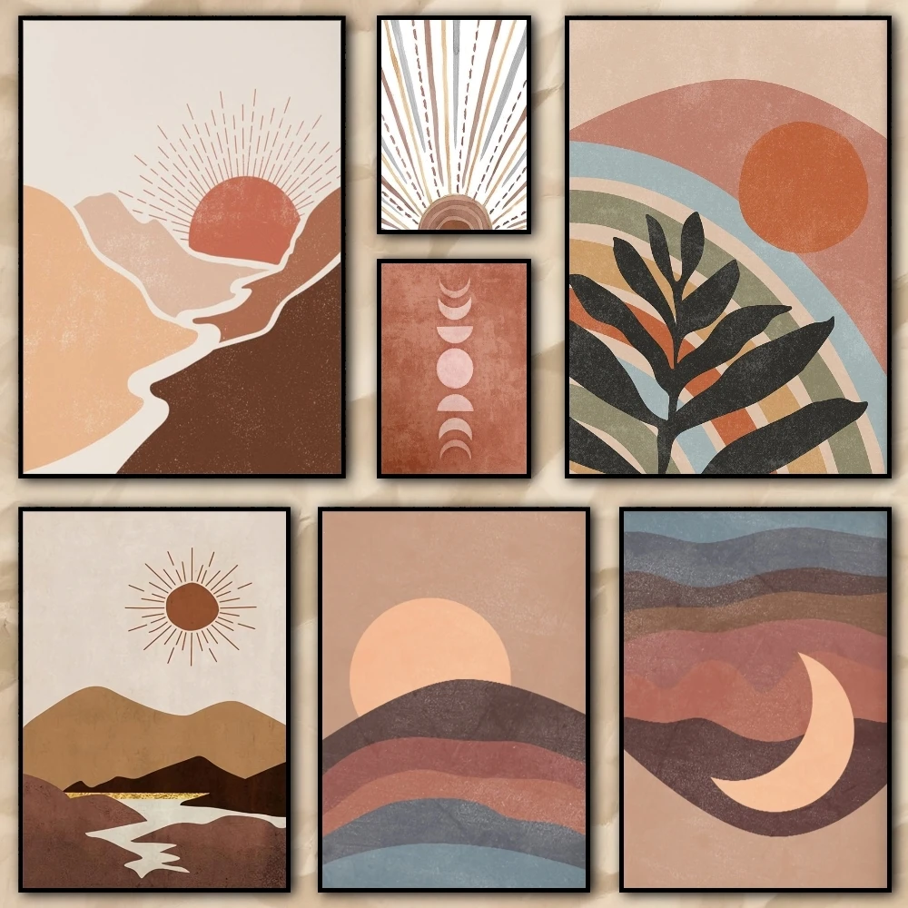 Morandi Color Matching Abstract Sun Moon Poster HD art sticky wall waterproof home living room bedroom bar aesthetic decoration