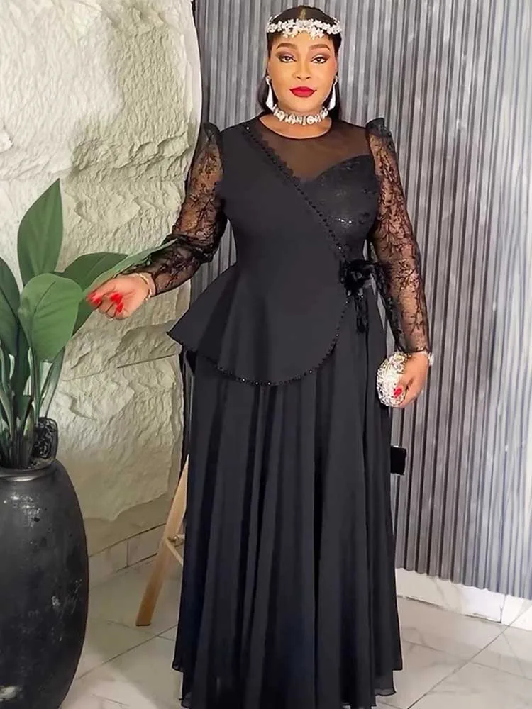 

Elegant Dresses for Women Appliques Dubai Evening Dress Lace Long Mesh Sleeve Ladies Plus Size Maxi Dresses Slimming Waist