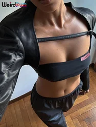 Weird Puss Extra Short Women Jacket+Tube Tops Leather Stand Collar Chic Buckle Autumn Fashion Hipster High Street Y2K Crop Tops