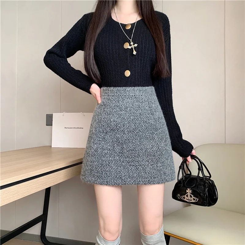 Vrouwen Wollen Sexy Schede Rokken Shiner Slanke A-lijn Rokken Herfst Winter Nieuwe Streetwear Veelzijdige Tweed Korte Rokken