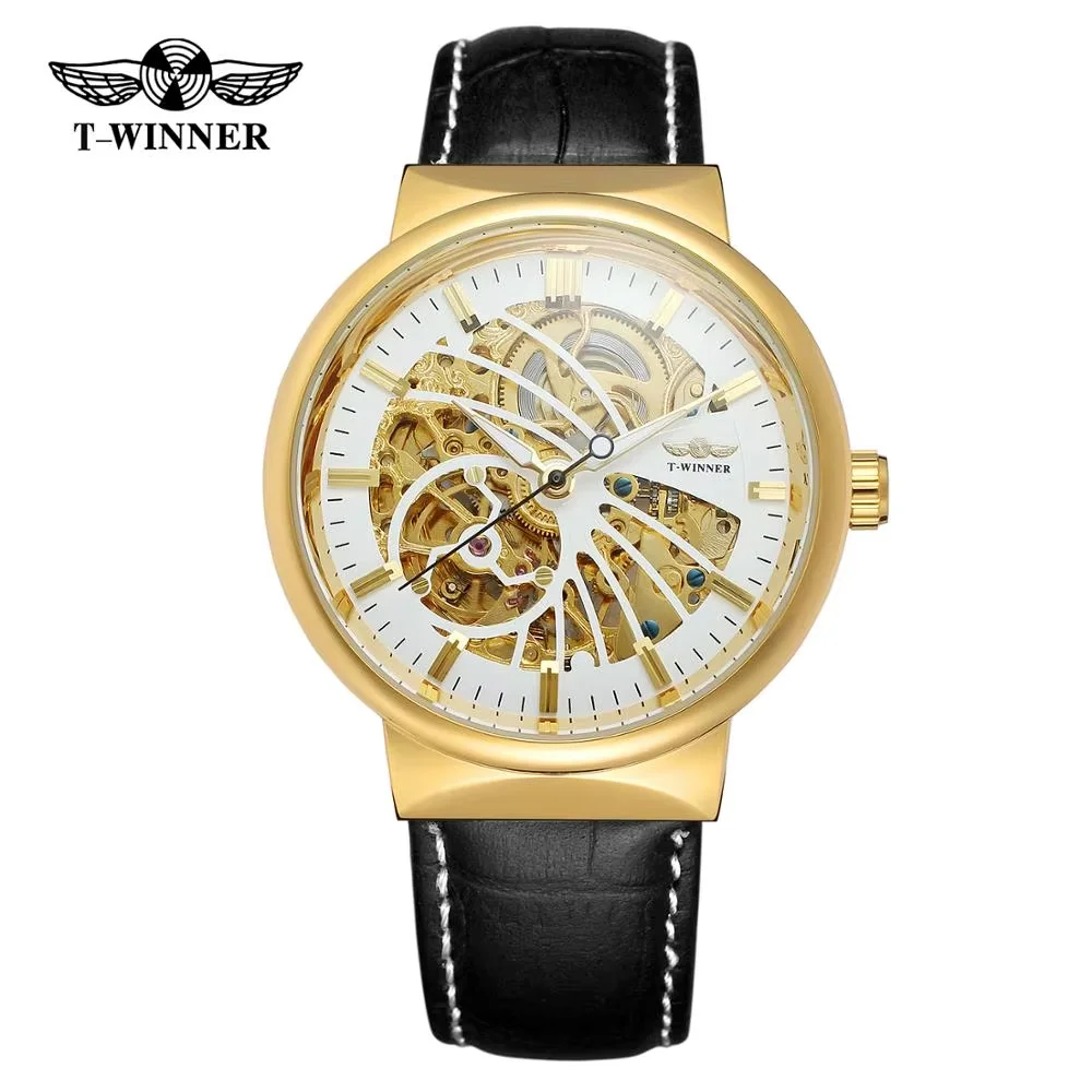 T-WINNER watch fashion trend hollow-carved design black leather belt  casual luxury automatic man wrist mechanical watch