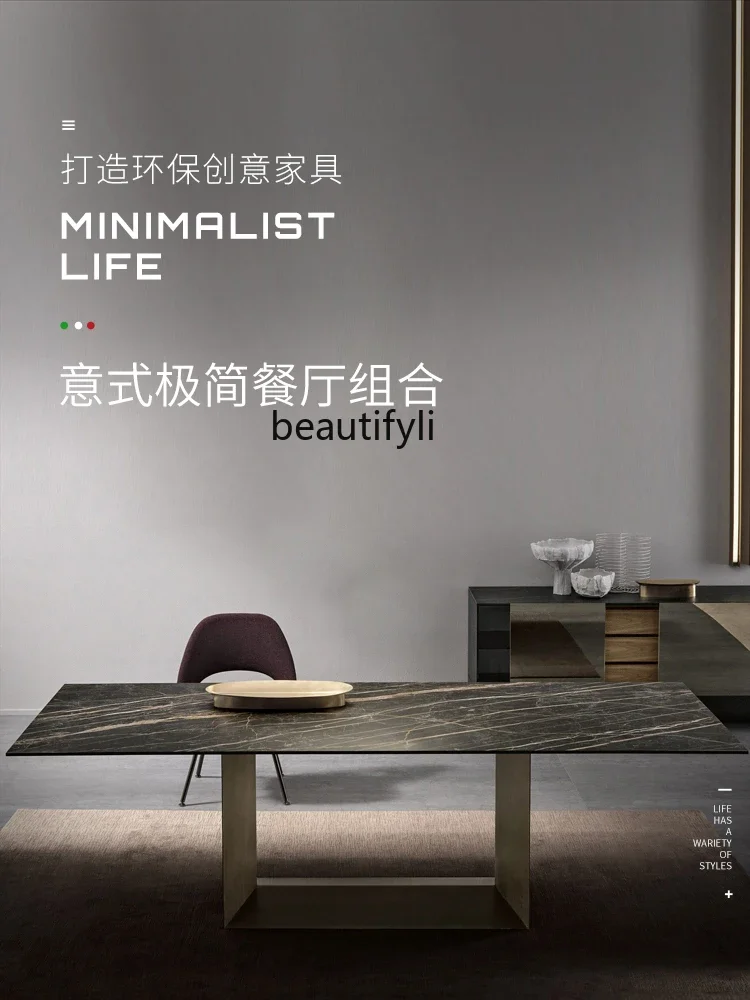 

A13 Italian Light Luxury Stone Plate Dining Table Household Metal Retro Rectangular Dining Tables and Chairs Set