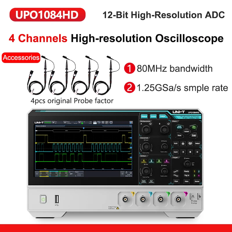 UNI-T 2/4 kanalen Draagbare oscilloscoop met hoge resolutie UPO1082HD UPO1154HD 500.000wfms/s Golfvormsnelheid Spectrumanalyzer