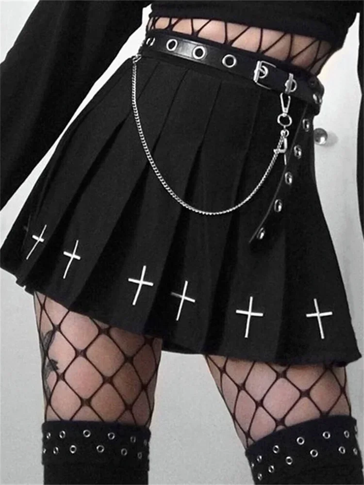 

Women Mini Pleated Skirts High Waist Cross Pattern A-line Skirts Summer Gothic Punk Japanese Lolita Ladies