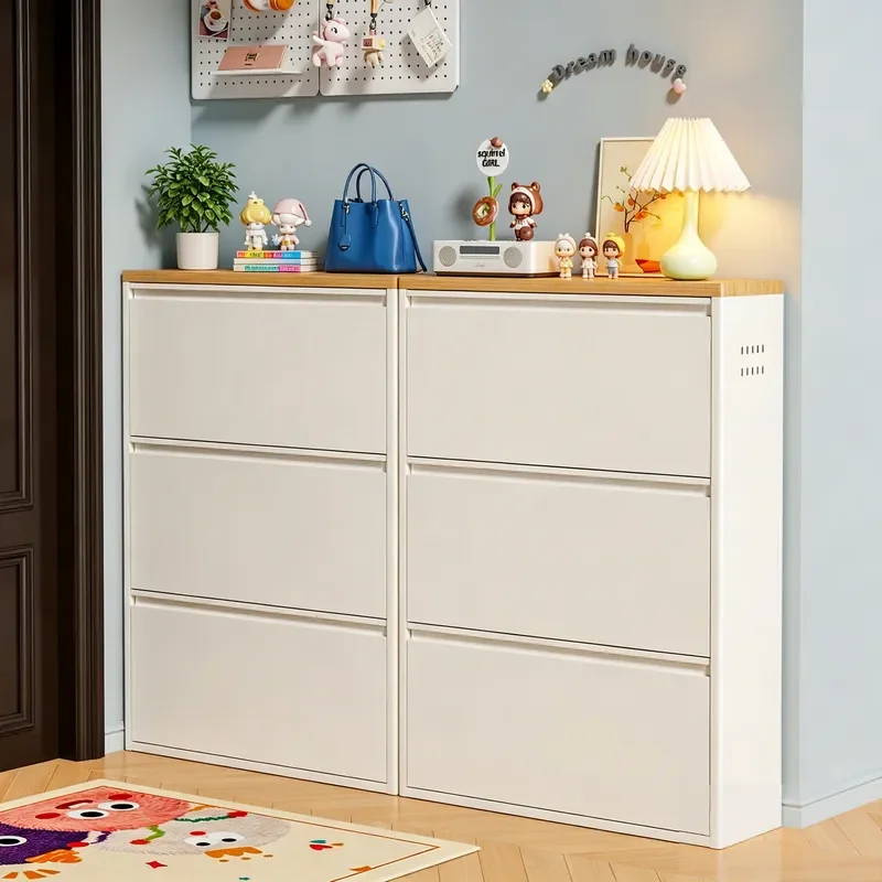 Ultra Thin Steel Tipping Bucket Shoe Cabinet Narrow Wall Mounted Storage Rack for Entryway Porch Hallway Home Organization