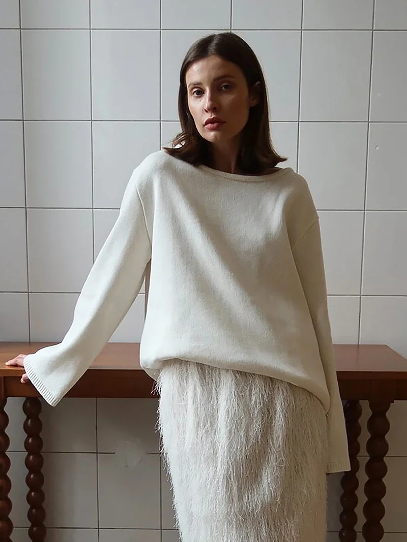 Suéter Sexy con espalda descubierta para mujer, suéter de algodón de manga larga de otoño, suéteres informales de gran tamaño a la moda, azul y blanco