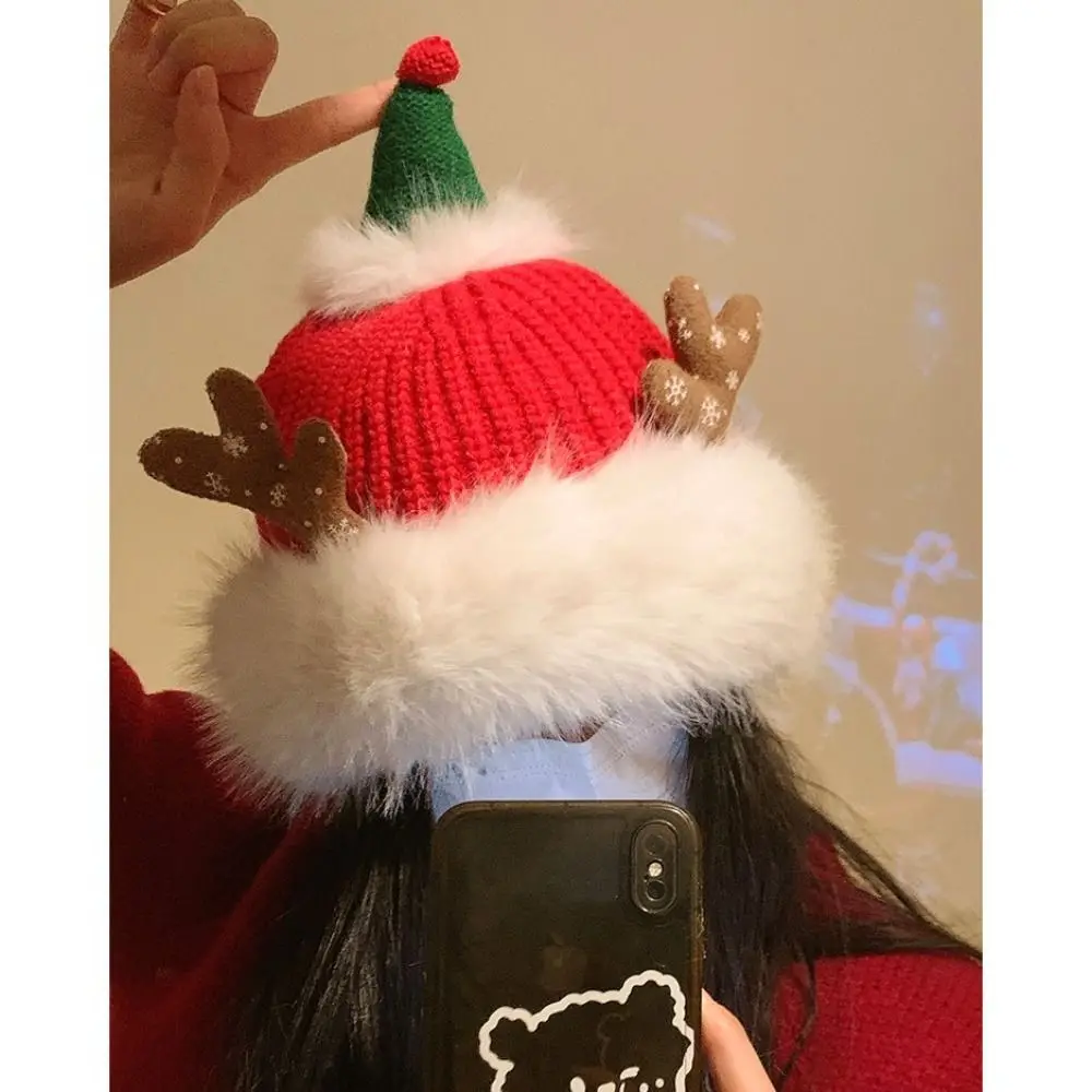 Gifts Red Antler Christmas Hat Cute Loose Knitted Woolen Cap Fleece-lined Fluffy Ear-Protection Cap for Women