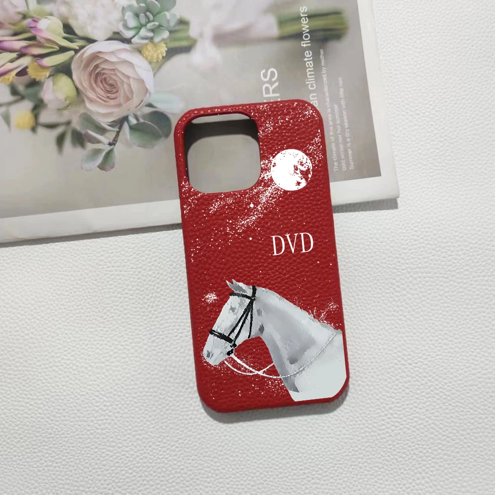 Personalised White Horse Initial letter Grain Leather Stars Whale Cases for iphone 11 12 14 13 15 Pro Max XS XR kafr Covers