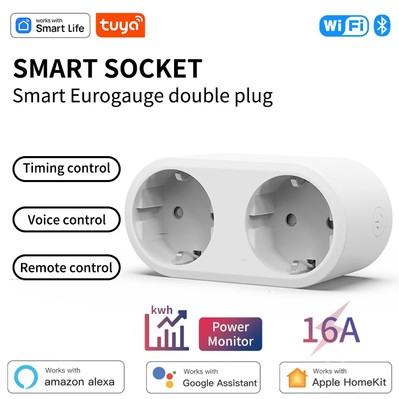 Tuya Wifi Smart Plug Socket Eu 16A 2 in 1 Function with Power Monitor Voice Control Works with Alexa HomeKit Smart Home Life