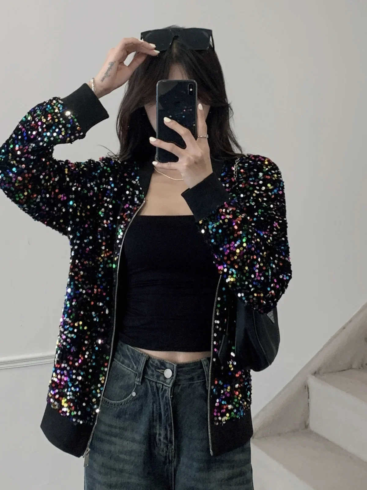SALIENCY Korean Sequin  Coat  Female  Streetwear Spring  Bomber Jacket Long Sleeve Zipper  Baseball Suit Blouse Cardigan