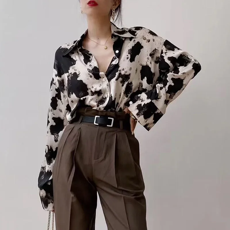 Spring Cow Print Button Up Shirts Women Long Sleeve Blouse Korean Fashion Women Loose Clothes Chiffon Shirt Streetwear Tops New