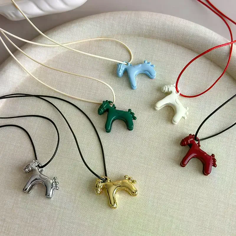 Minimalism Enamel Drip Glaze Colorful Horse Pendant Long Necklace Adjustable Sweater Chain Simple Jewelry Accessory Gifts