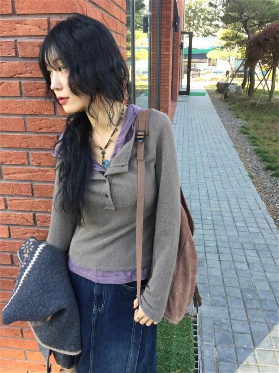 Korean Style Simple Half Button Plush T-Shirt with Hat Slim Fit Long Sleeve Casual Top for Women Spring Season Wear view 3