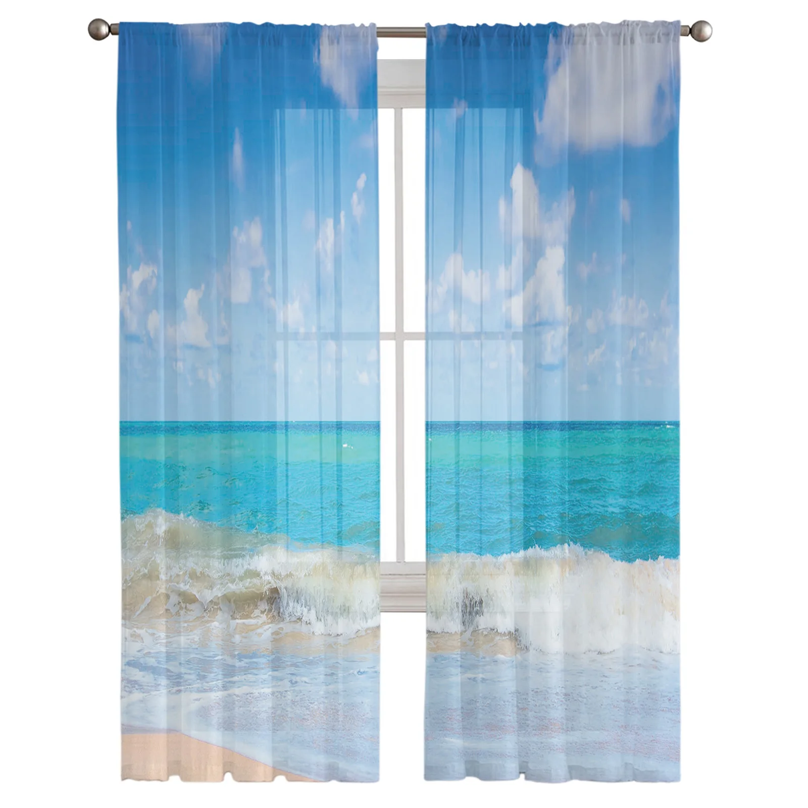 Baiyun Beach Waves Scenery Sheer Curtain for Living Room Bedroom Voile Drape Kitchen Window Tulle Curtains Home Essentials