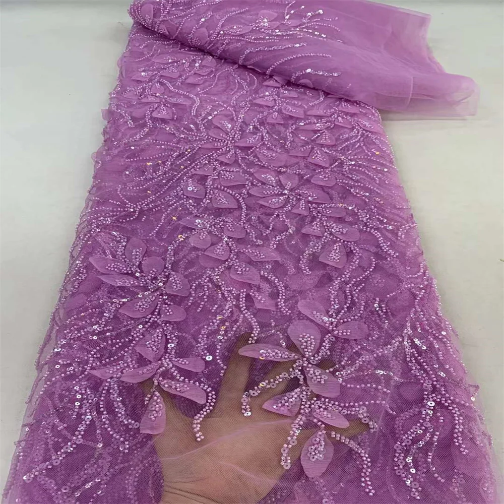 2024 High Quality 3D African Nigerian Tulle Lace Fabric Beads Sequins For Sewing Wedding Party Gown Dress Embroidery Lace ZX3257