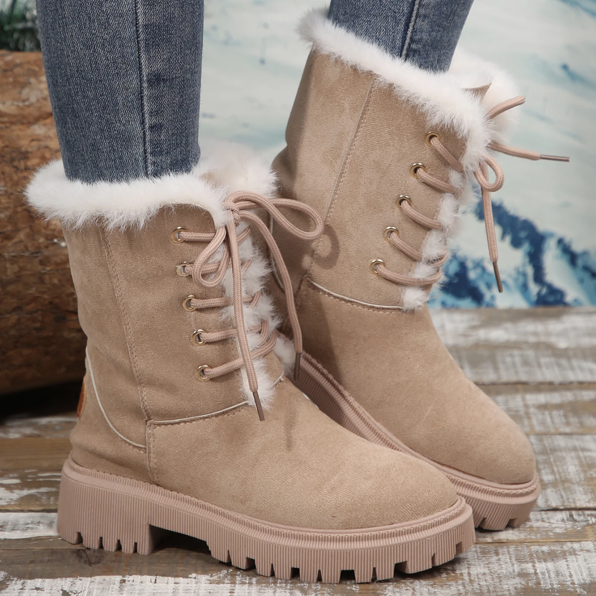 Womens Boots with Short Heel Round Toe Tied in Front Non-slip and Warm Winter Outdoor Suede with Velvet Apricot Fashion Boots