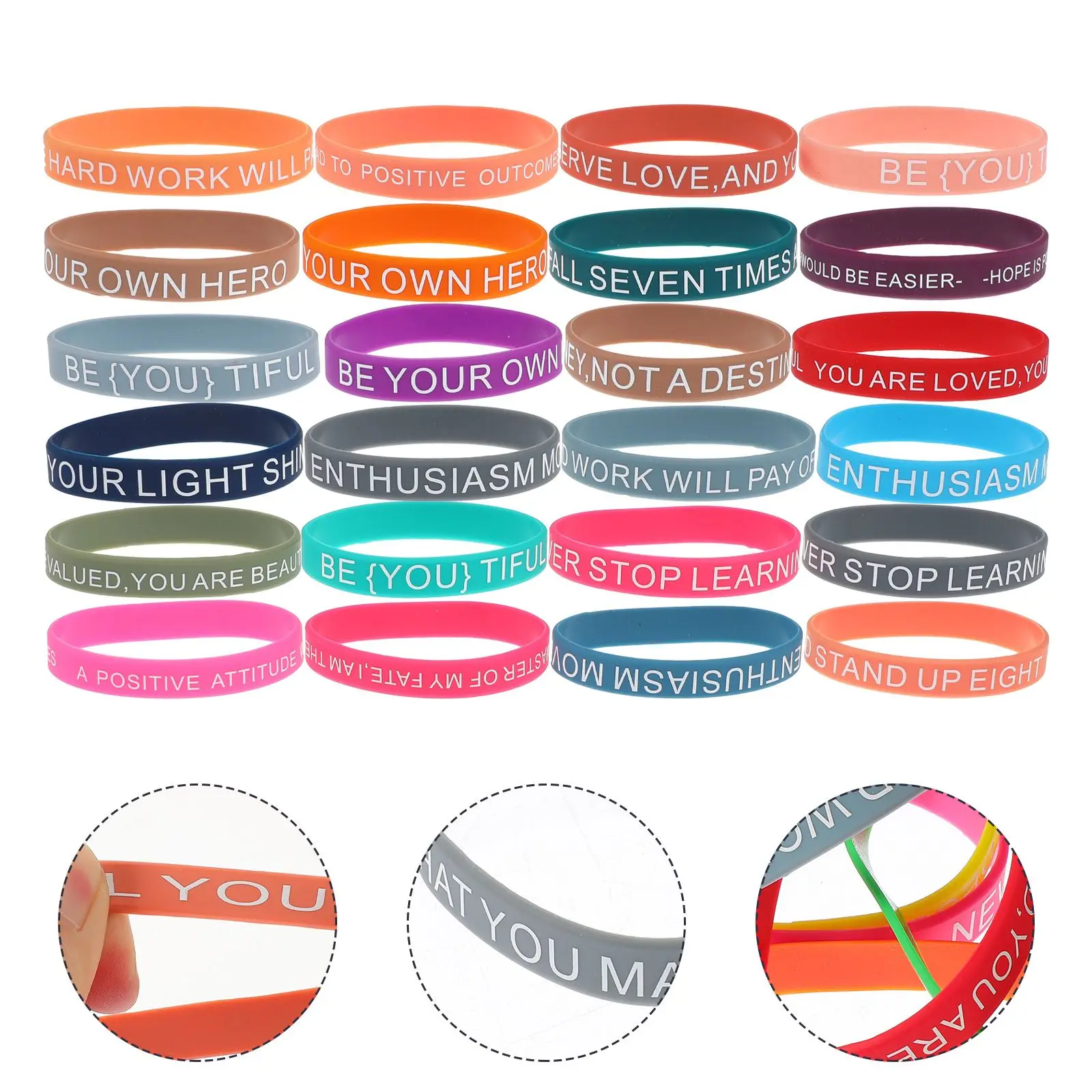 

60pcs Motivational Bracelets Colored Elastic Wristbands Unisex Quote Bands Inspirational Quote Bracelets Gel Straps