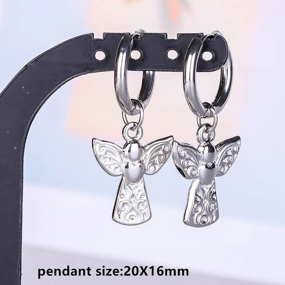Stahlfarbener Engel-Stern-Kreuz-Schwert-Charm-Ohrring, kein Anlaufen, Ohrpiercing, Edelstahl-Ohrringe für Damen und Herren, Schmuck, Kolczyki – Detail 5