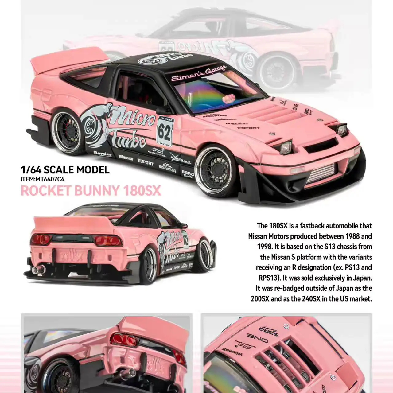 in-stock-mt-simon-magic-garage-1-64-180sx-rocket-rabbit-wide-body-silvias13-alloy-die-cast-simulation-car-modeladult-decoration