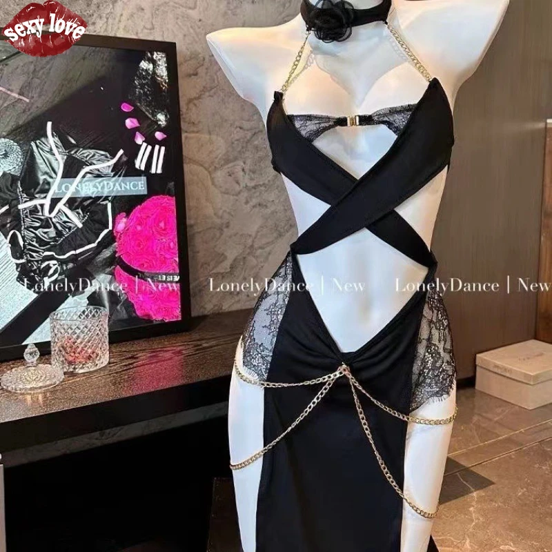 セクシーランジェリー風キャットガール チェーン装飾ジャンプスーツ 情熱的でセクシーな制服風コスプレ レディース