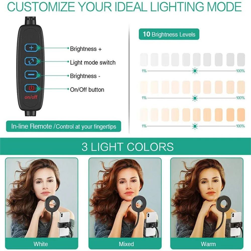 لطيفة LED مصباح مصمم على شكل حلقة كليب على USB ملء في مصباح أضواء مزدوجة 3 طرق الإضاءة عكس الضوء تصميم الأسلحة المرنة مع حامل هاتف ل Li