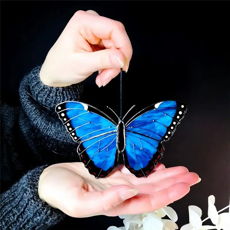 B84B Stained for Butterfly Sun Catcher, Handmade, Acrylic, Window Hanging, Car Decoration, for Butterfly Gifts for Women, Blue