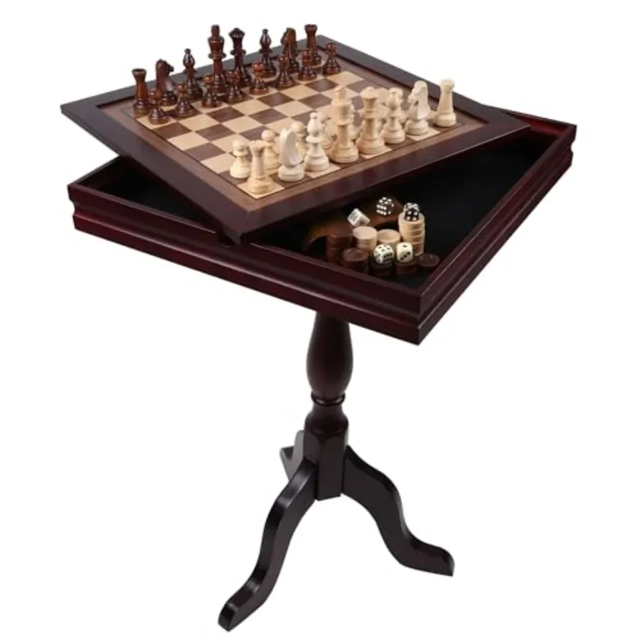

Game room furniture: wooden 3-in-1 chess checkers backgammon table set with natural wood finish, classic brown pieces, foldable