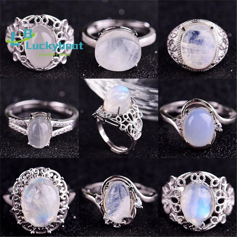 

Natural Blue Moonstone Ring Genuine 925 Silver Inlay Gemstone Fashion Female Reiki Crystal Ring Valentine's Day Gifts