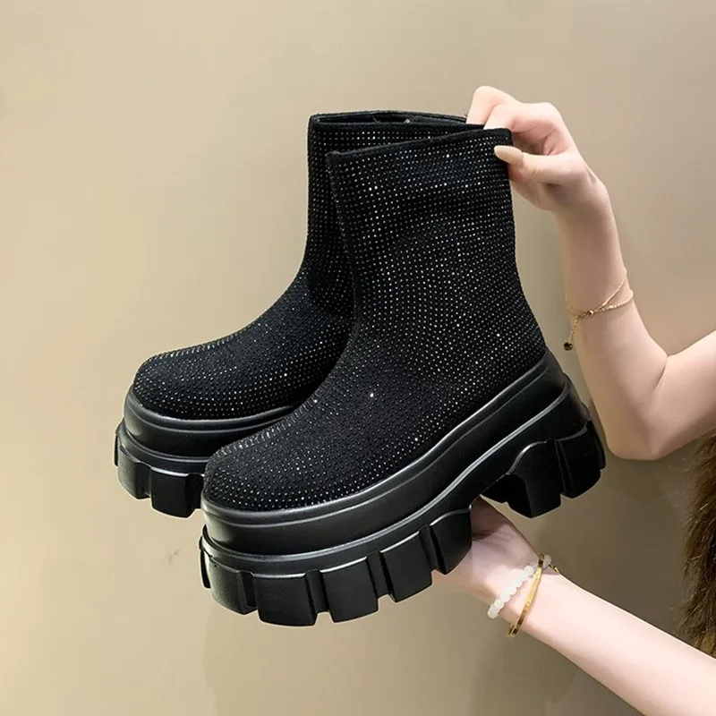 

Новые модные женские ботильоны на массивном каблуке с блестящими кристаллами, роскошная зимняя обувь со стразами, женские ботинки на плоской платформе с толстой подошвой