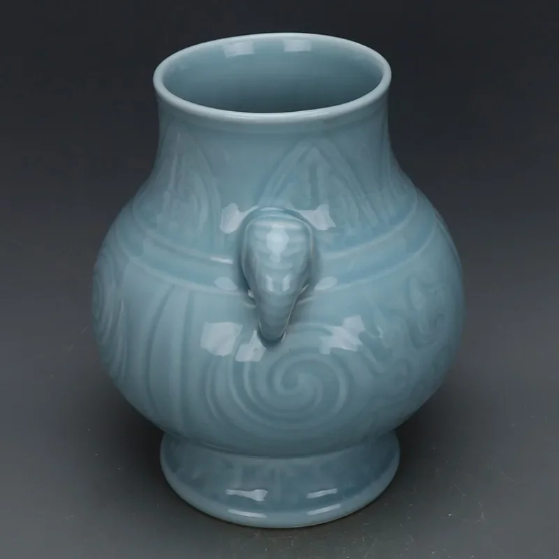تشينغ تشيان لونغ منحوتة الفيل مقابض زهرية الصينية اليشم زهرية العتيقة أحادية اللون الخزف العتيقة الآسيوية ديكور غرفة المعيشة