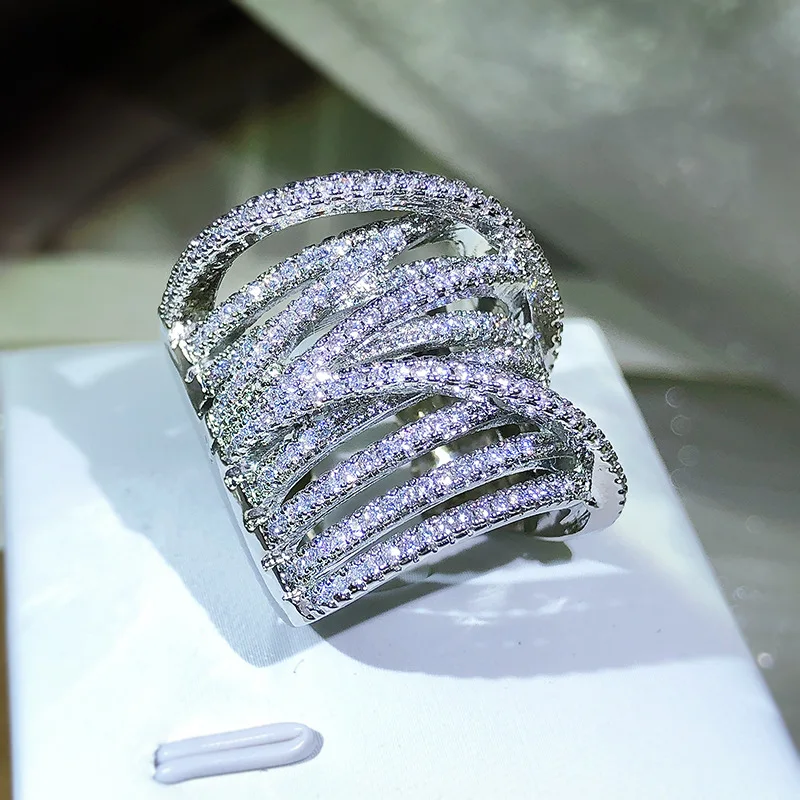2022 NEW Exaggerated Multi-layer Winding Cross Couple Ring For Women Layered Full Diamond Engagement Wedding Gift Party Jewelry