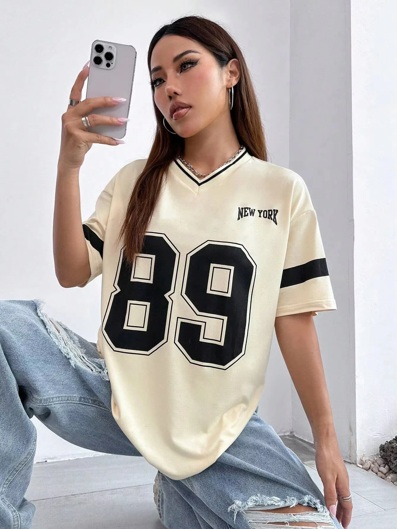 Summer Women Winner Number 89 Print T-shirts Female Summer Basic V-neck Tees Casual Retro Streetwear Ladies Tees Plus Size Tops