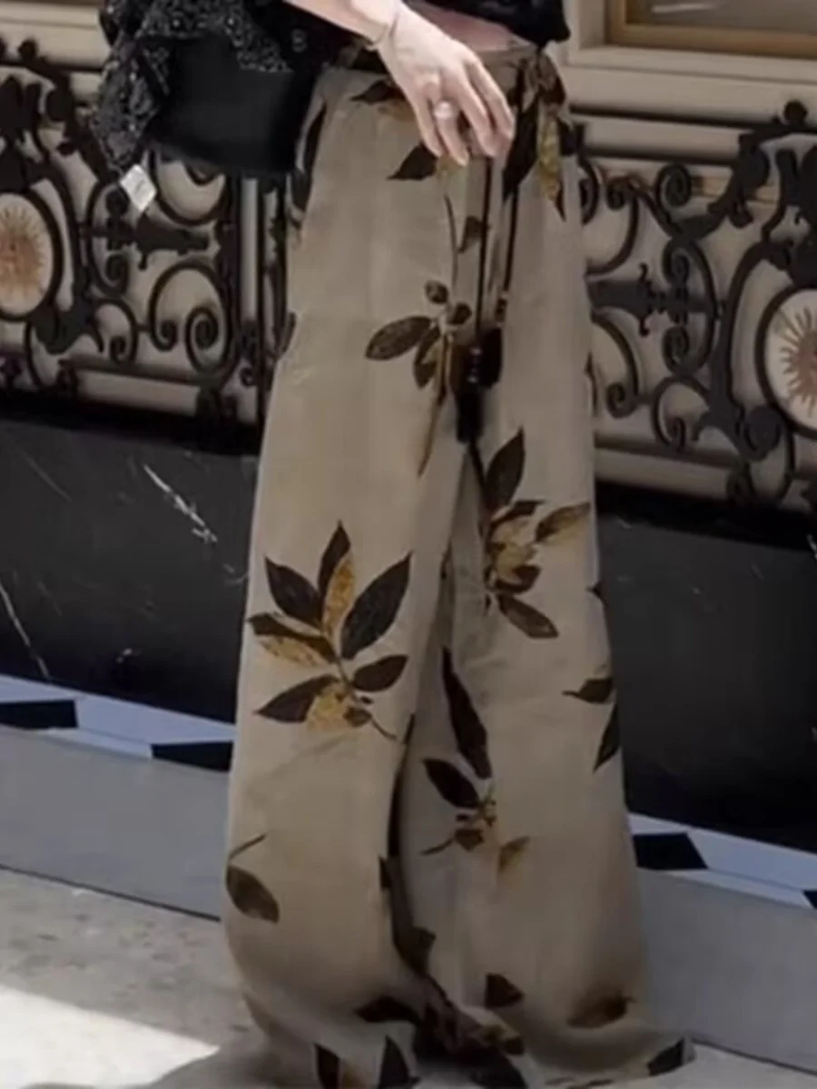High-End Nieuwe Chinese Sle Gedrukte Lange Broek Zomer Drapey Losse Wijde Pijpen Casual Broek voor Vrouwen Woon-werk Etnische Trend