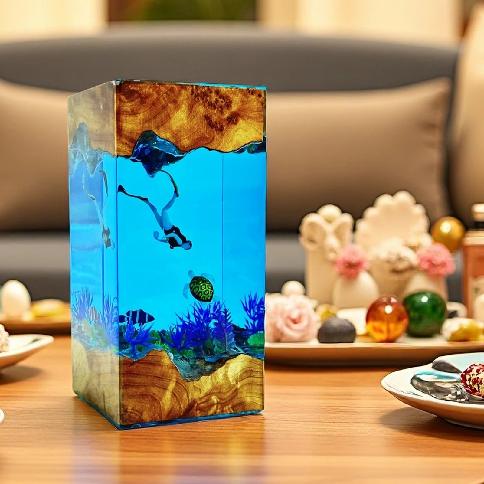 ภูมิทัศน์ออร์แกนิสเรซิ่นตาราง Creative Art ตกแต่งโคมไฟ DIVER Sea World Treasure Hunt Theme Night Light ชาร์จ USB