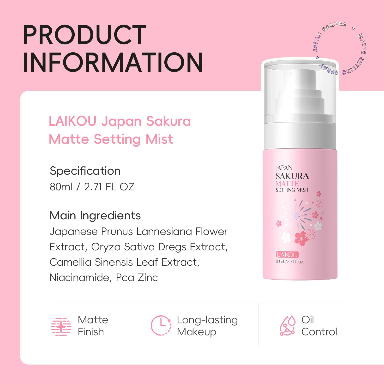 Spray fissante per trucco a lunga durata Controllo olio Finitura opaca Giappone Sakura 80ml Primer viso idratante