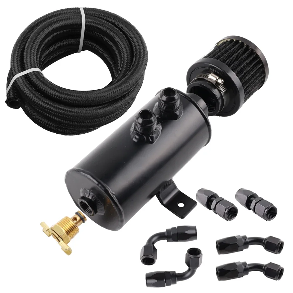 Car Aluminum Reservoir 10AN Oil Catch Can Reservoir Tank Baffled +Breather Filter + Fuel Hose Fittings