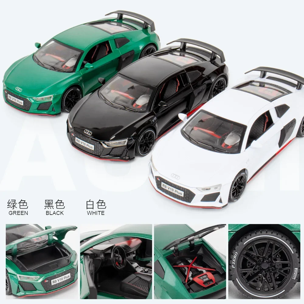 1:24 AUDI R8 V10 Plus Sports Car Alloy Model Metal Toy Car Diecast Simulation Sound & Light Collection Toys For Boys Gifts A405