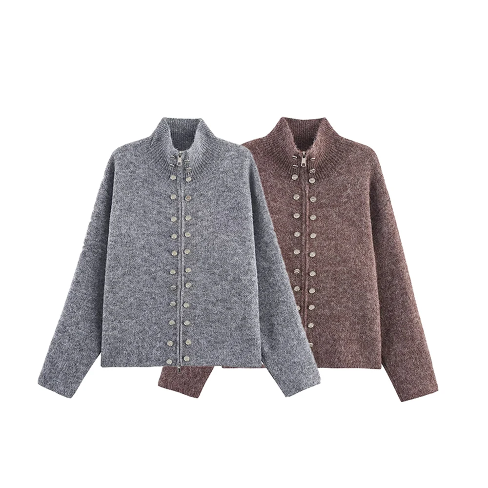 

Button Embellished Knit Cardigan Half Turtleneck Collar Sweater Zipper Design Women Coat Simple Warm Top Winter Women’s Clothes