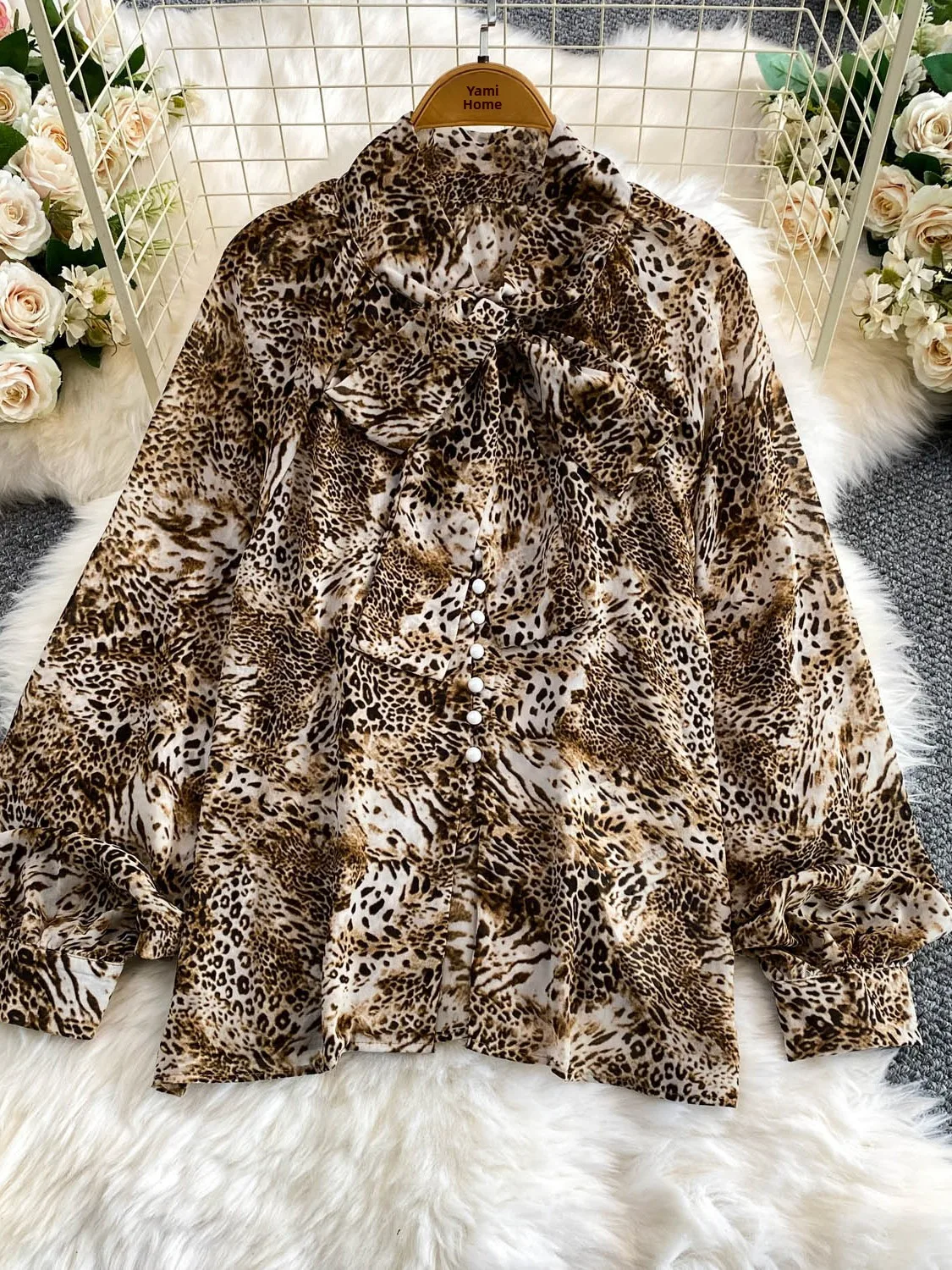 

Retro Fashion Leopard Print Knot V-Neck Shirt Women Summer Commute Loose Stylish Top Korean Style Long Sleeve Slimming