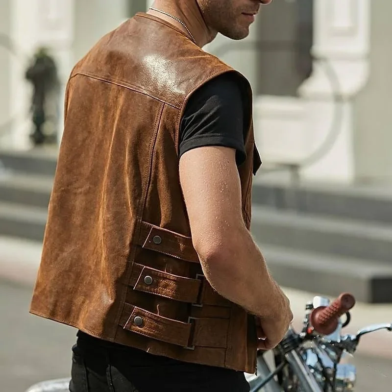 Autumn and Winter Solid Color Casual Fake Leather Vests Men's Round Neck Sleeveless Zippered Jacket