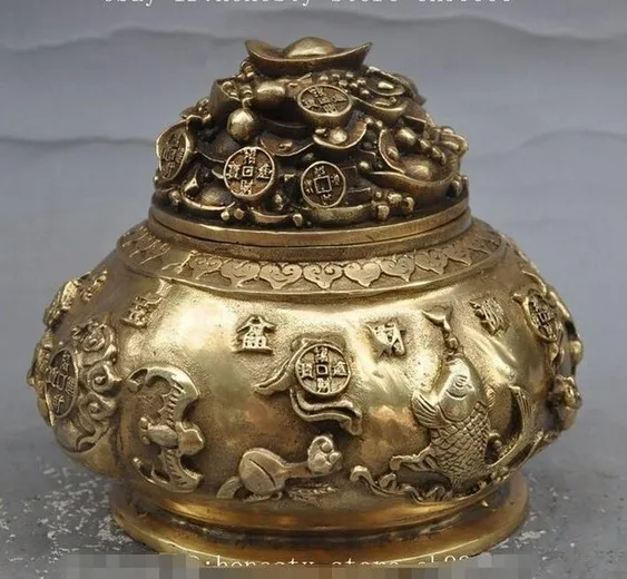 

mark chinese brass 5 wealth god peach fish bat ruyi money incense burner Censer