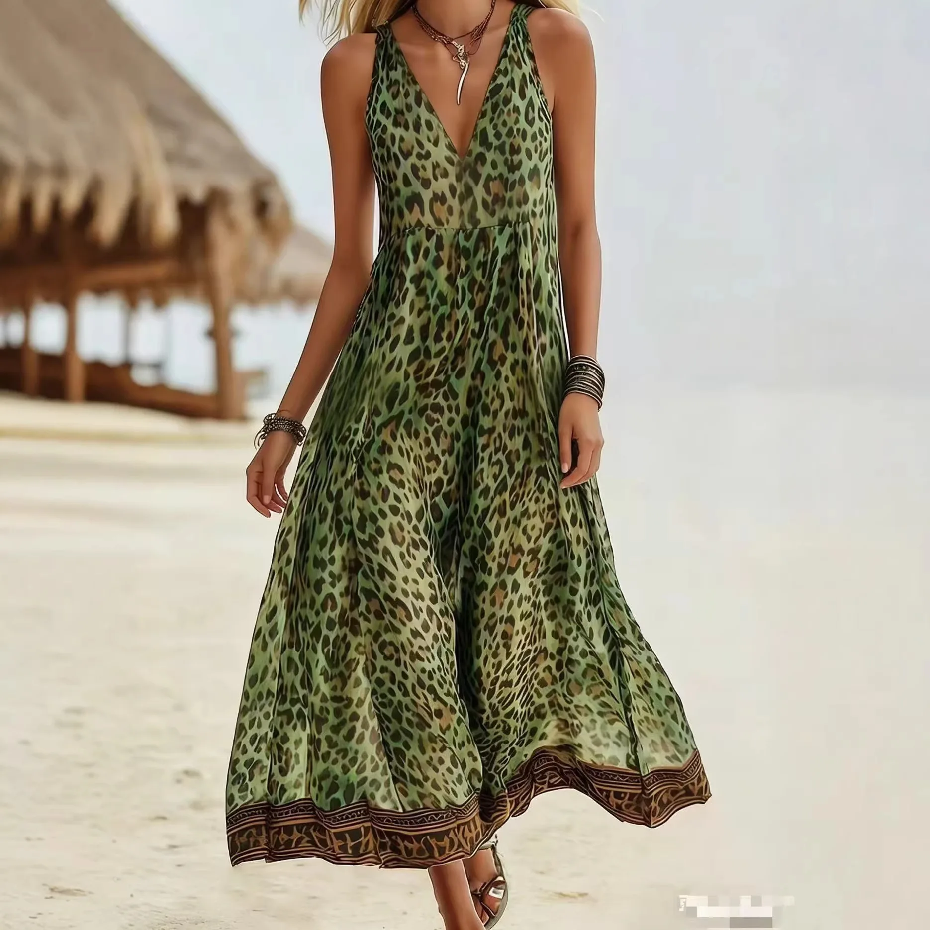 

2026 New ​Women's Summer Casual Fashion Leopard Print Looes Boho Maxi Dress Sleeveless V-Neck A-Line Beach Party Dress