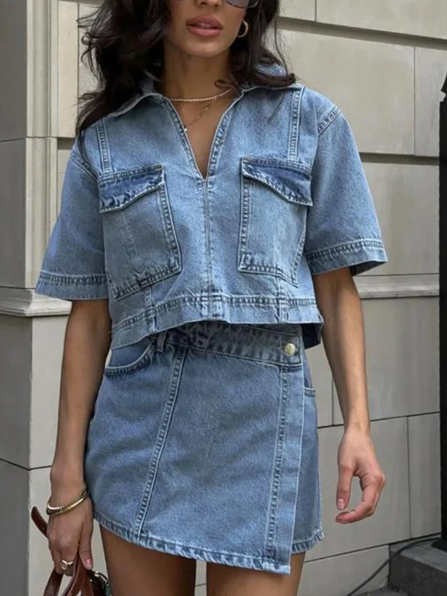 New Fashion Women 2 Piece Denim Outfits Short Sleeve Lapel Jean Tops And Asymmetrical Shorts Set Streetwear Hot Sale S-XL