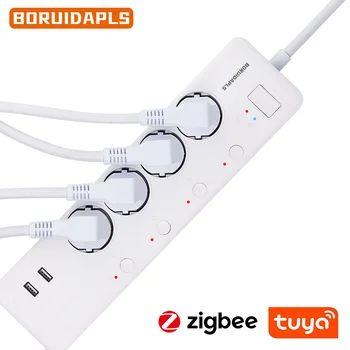BORUIDAPLS Zigbee Multifunktions-Leistungsplatine 16A 4AC unabhängiger Steckdosenstecker 2USB Sprachsteuerung Funktioniert mit Tuya Smart Life H-ue