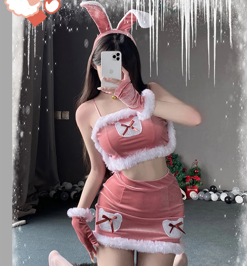 Red Cosplay Christmas Suit Miss Santa Clause Dress Bunny Girl Costume Rabbit Set Bunny Sexy Lingeries Sweet Lady Maid Uniform