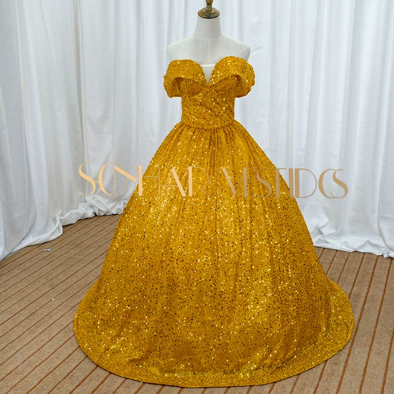 

Glitter Gold Party Dress 15 Quinceanera Dresses Short Ball Gown Off The Shoulder 15 Year Old Dress Customized Shiny Prom Gown